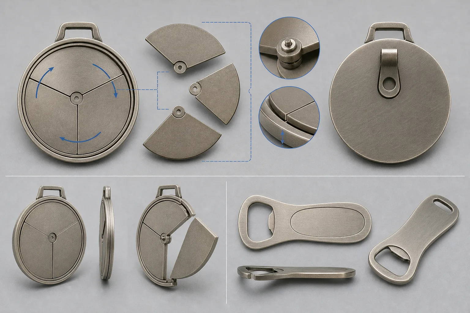 Separated spinning medal components and blank metal bottle opener structure