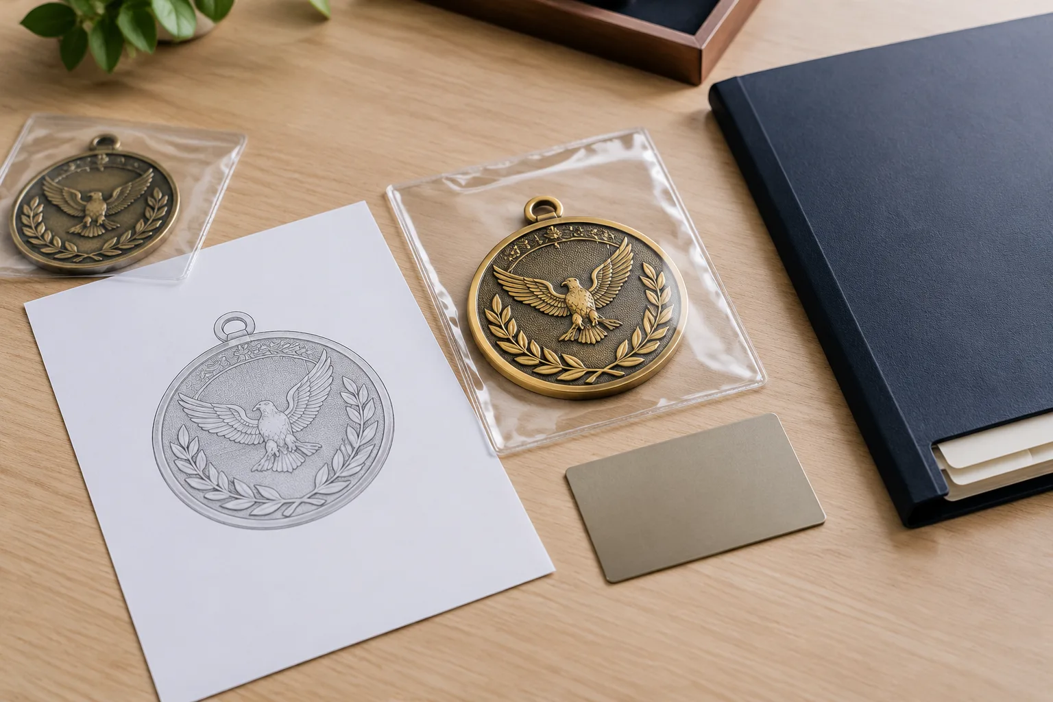 An approved medal sample stored with its drawing and finish reference, separated from an older sample