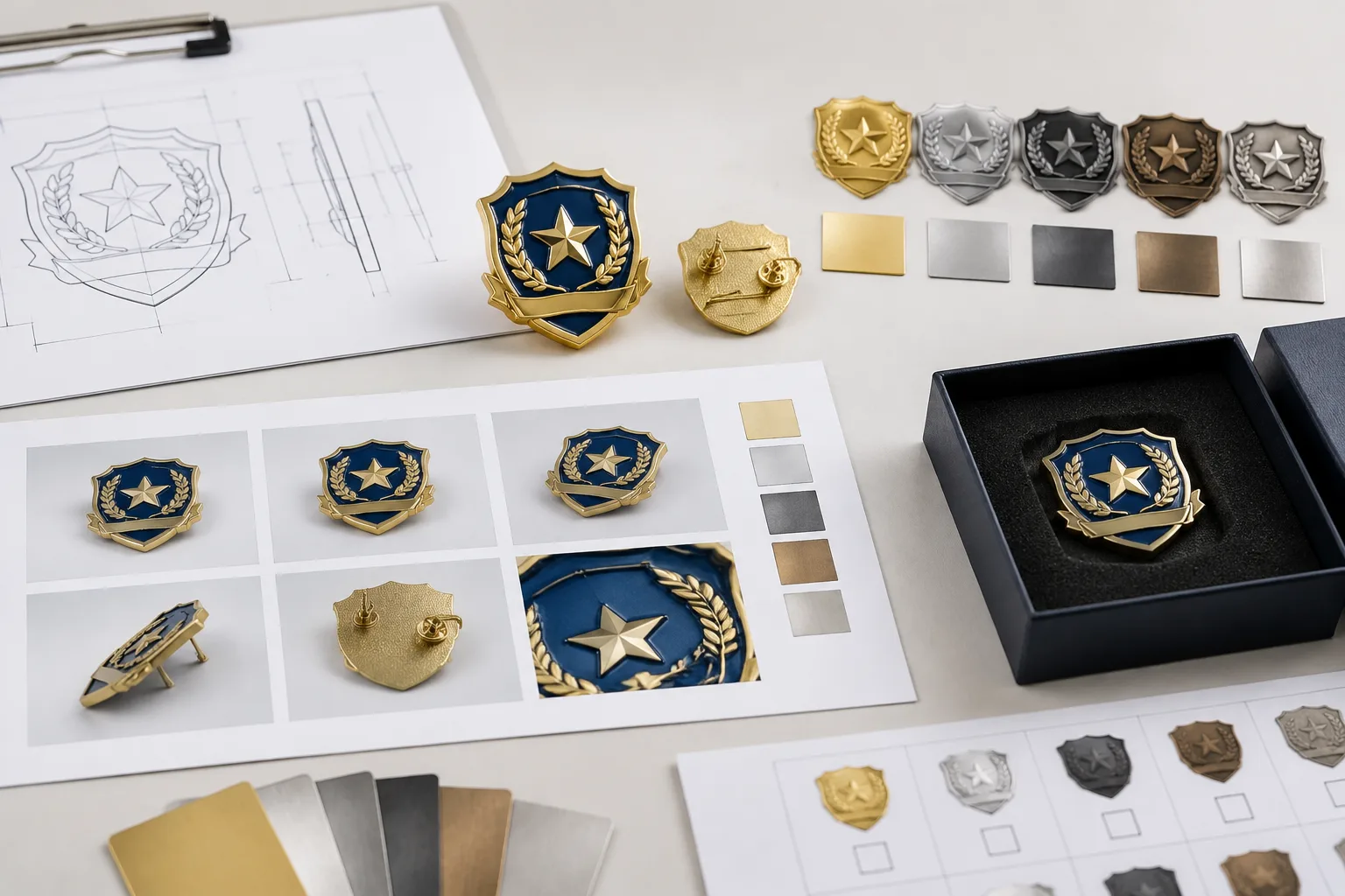 Custom metal badge, finish sample, artwork drawing, and photos arranged for approval
