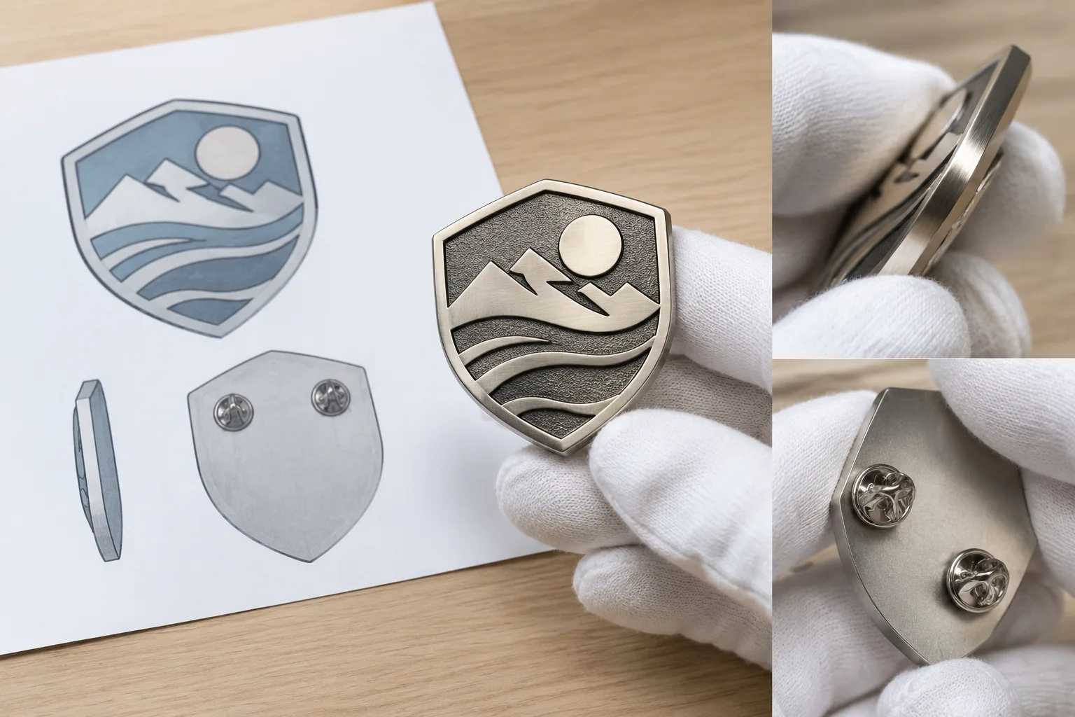 Unbranded custom metal badge sample being visually checked at the edge and rear attachment beside an abstract artwork proof