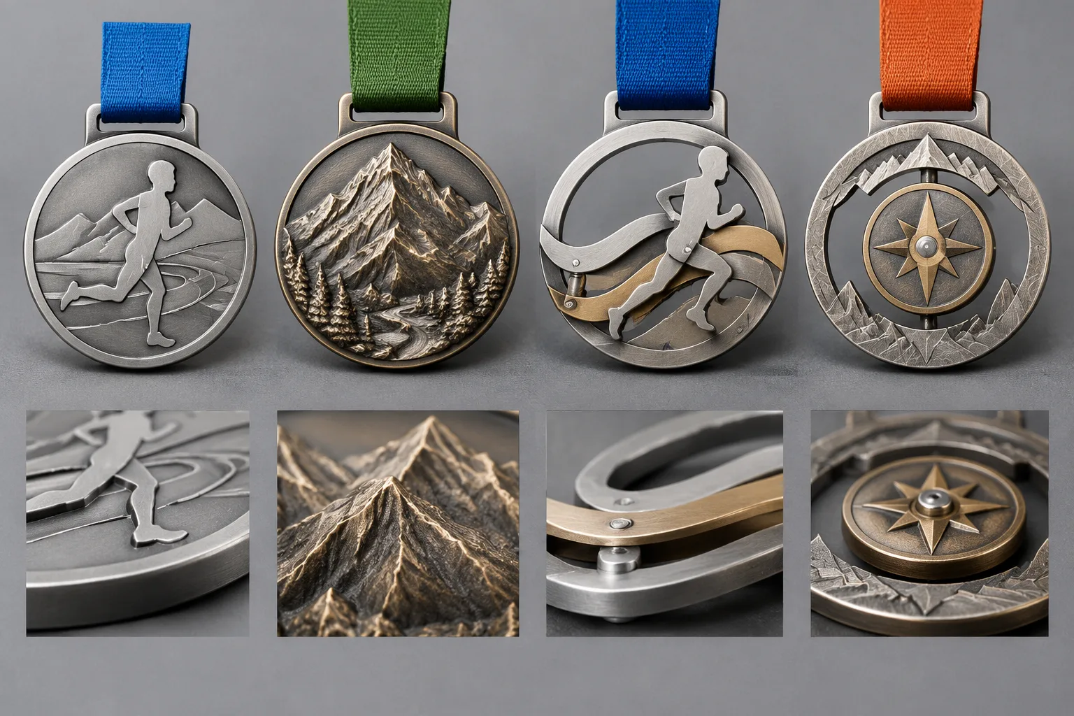 Comparison of fixed sculpted layered and spinning custom medal structures
