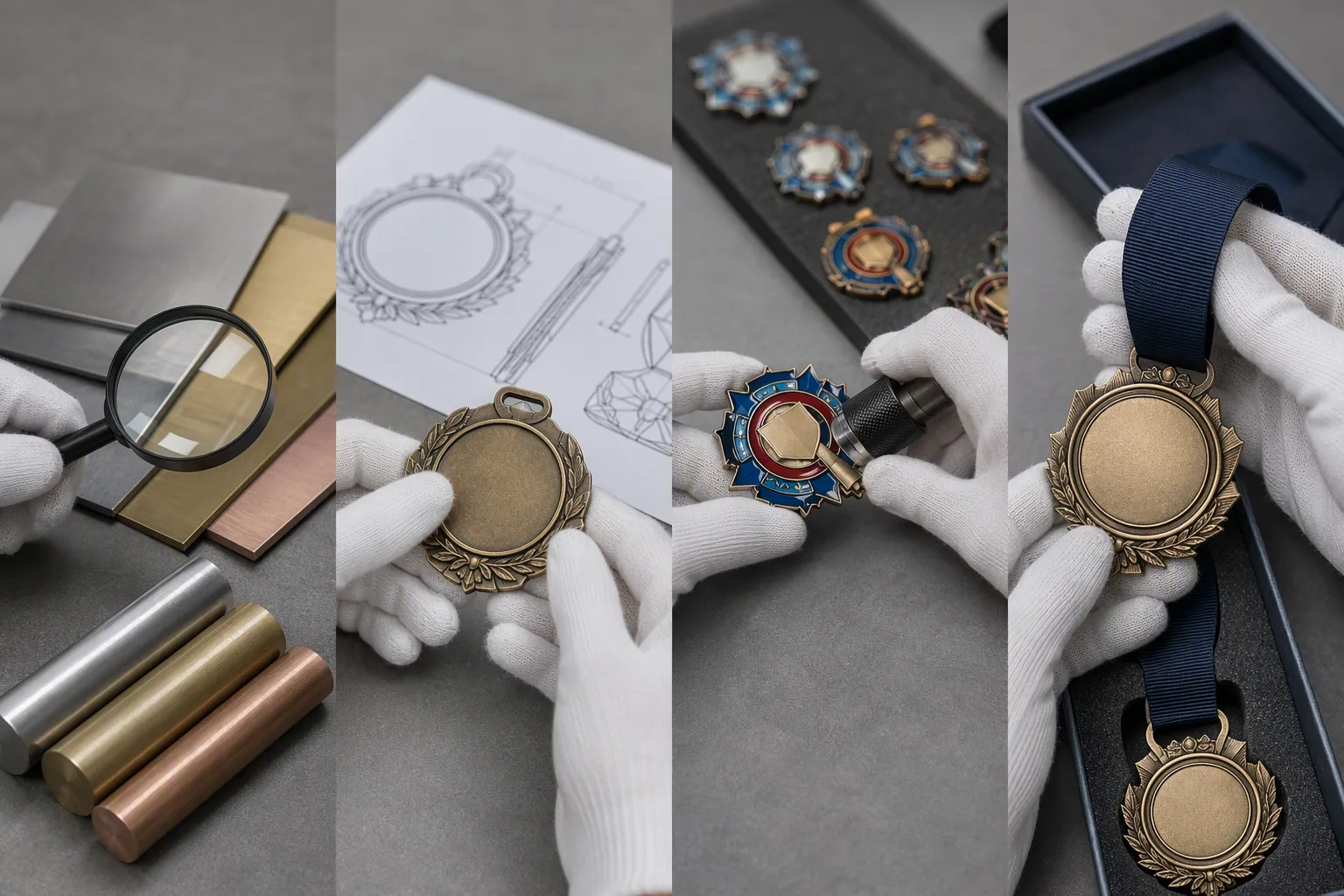 Four inspection checkpoints showing incoming metal, a first-article medal, in-process badge inspection, and final assembly inspection
