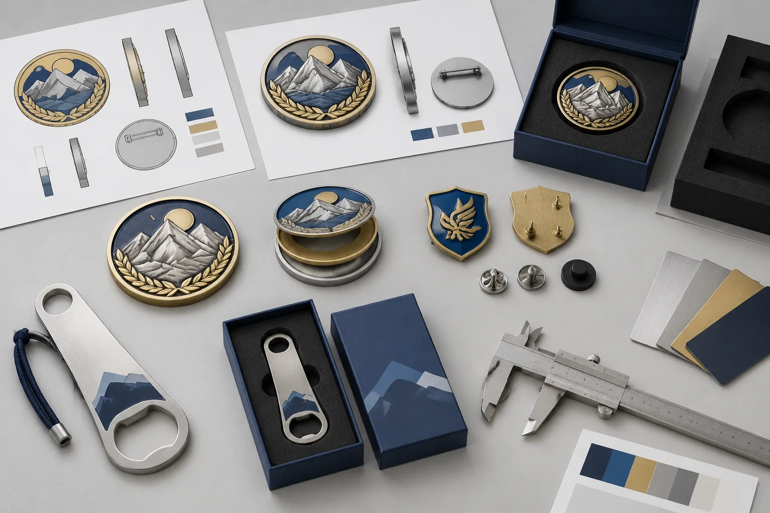 Custom medals, coins, and badges arranged with artwork and specification review materials