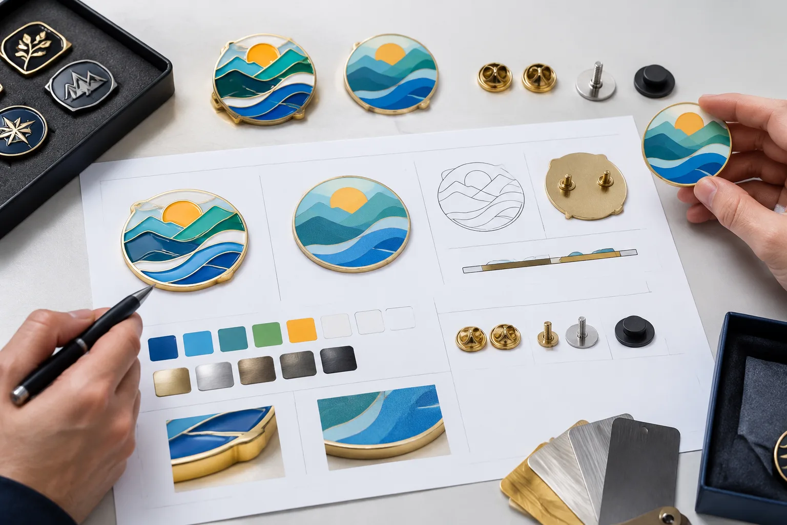 Unbranded enamel and printed metal badges beside an artwork proof showing borders, relief, finish, and attachment