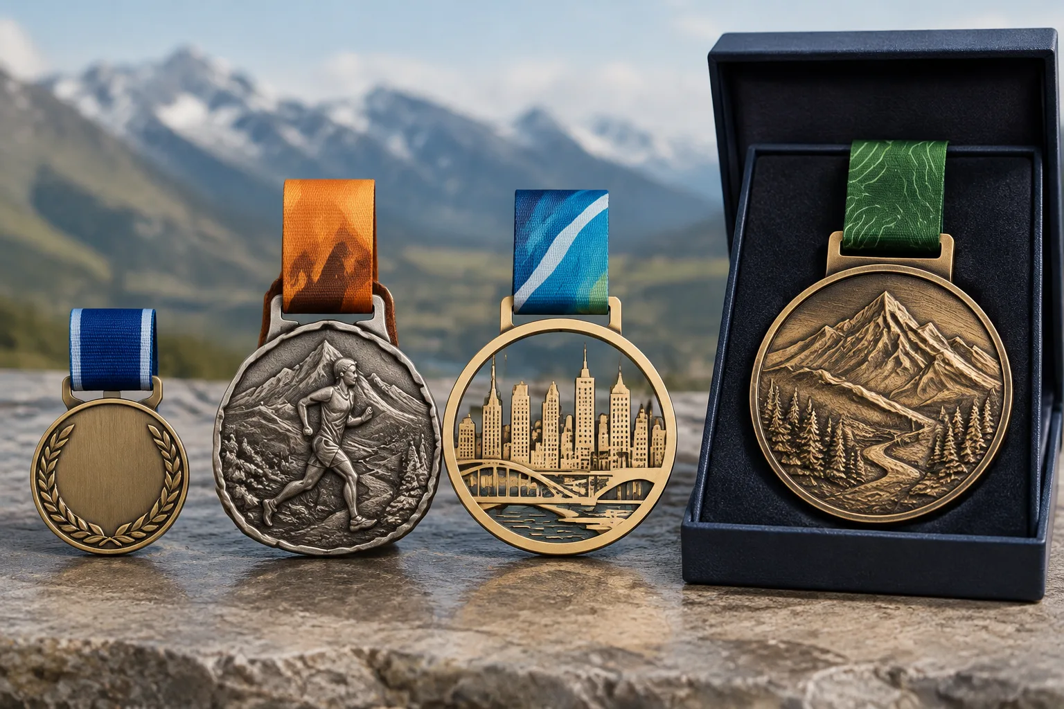 Side-by-side custom running medals showing fixed relief openwork and presentation structures