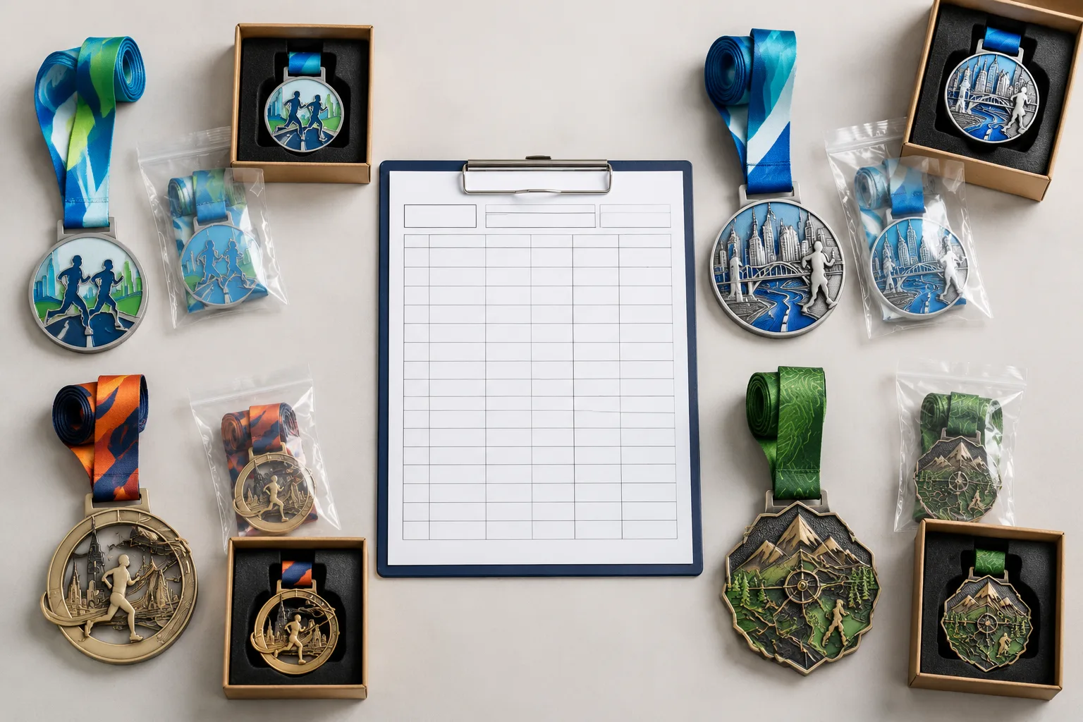Blank procurement worksheet beside separate custom race medal designs and packaging