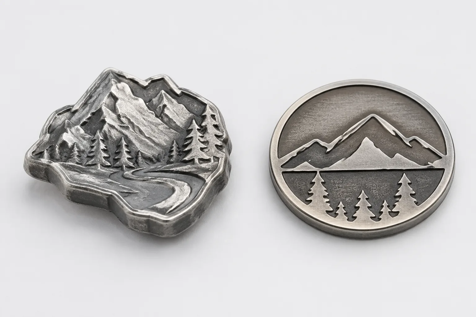 Unbranded dimensional zinc-alloy die-cast badge beside a flatter stamped badge with raised and recessed areas