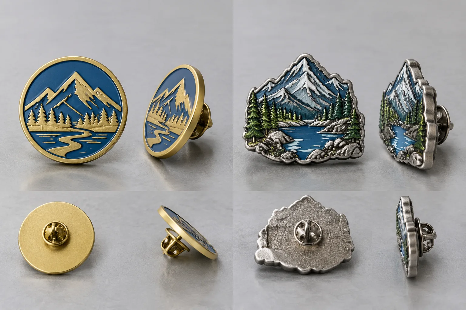Regular line-relief die-struck badge beside an irregular dimensional die-cast badge
