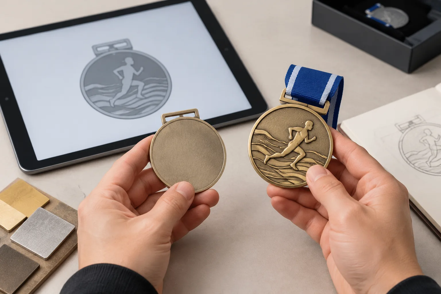 A custom metal medal sample beside a tablet displaying a plain visual design reference