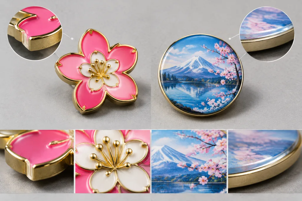 Soft enamel color cells with raised metal borders beside a printed metal badge surface