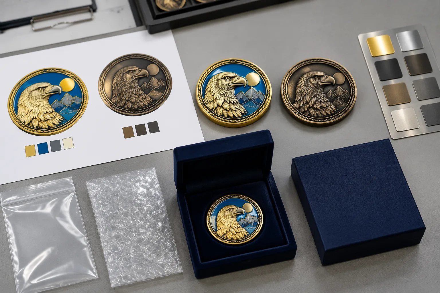 Custom metal coin finish sample beside an artwork finish map and protective packaging