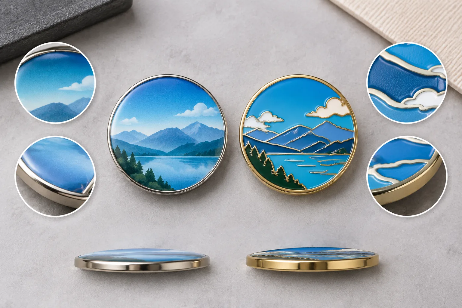 Printed tonal artwork beside simplified enamel color cells with clear metal borders