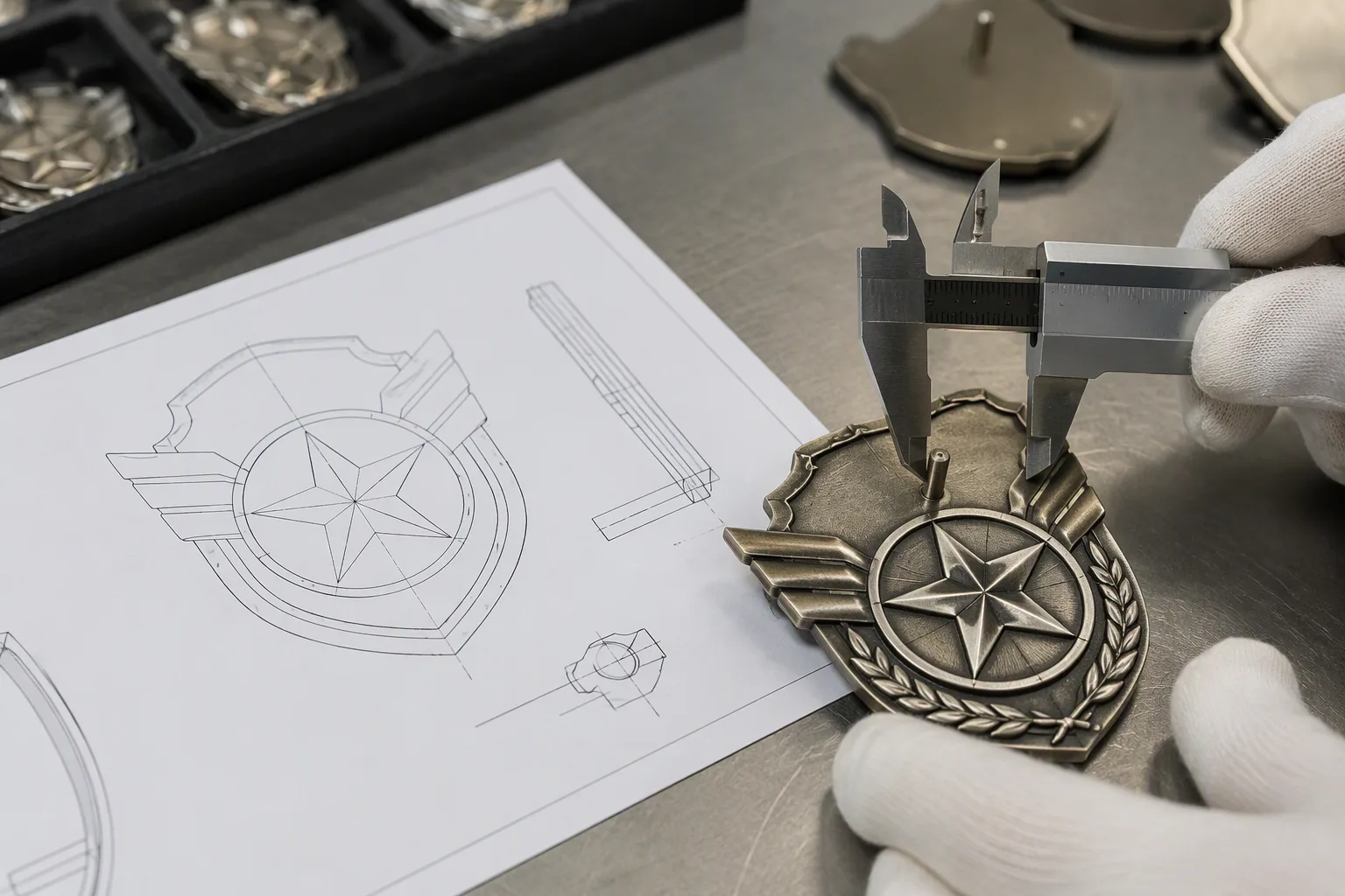 A trial die-struck badge compared with its engineering drawing for relief, dimensions, and attachment position