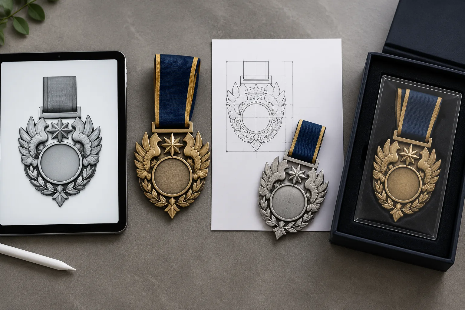 A visual sequence showing a digital medal design, custom sample, first article, and retained reference medal