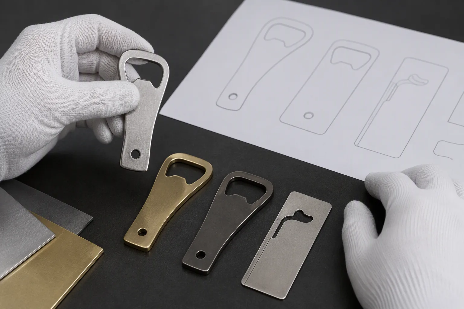 Metal samples being checked against a blank specification sheet before custom award production