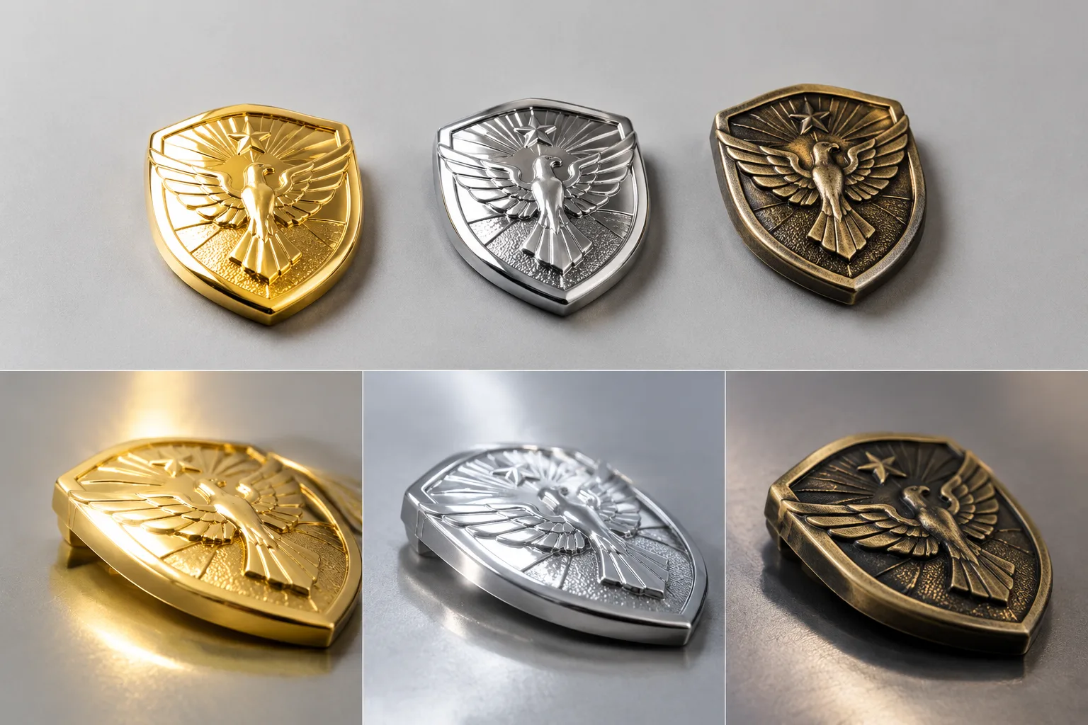 Different lighting conditions changing the appearance of plated metal badge surfaces