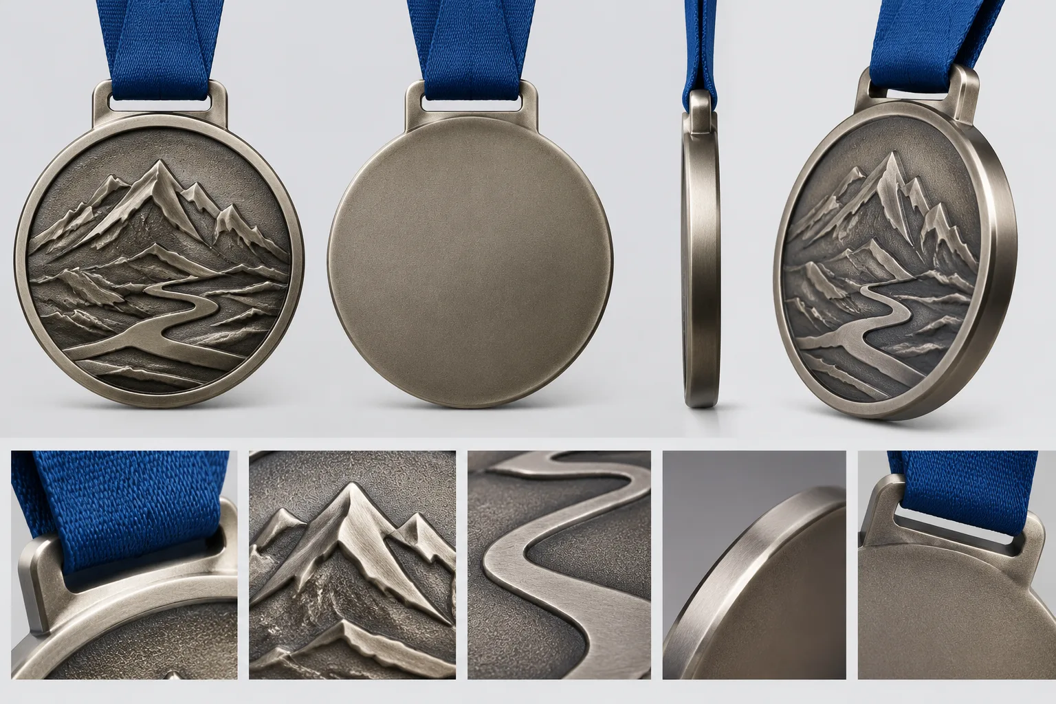 Custom medal showing front reverse edge and ribbon attachment relationships