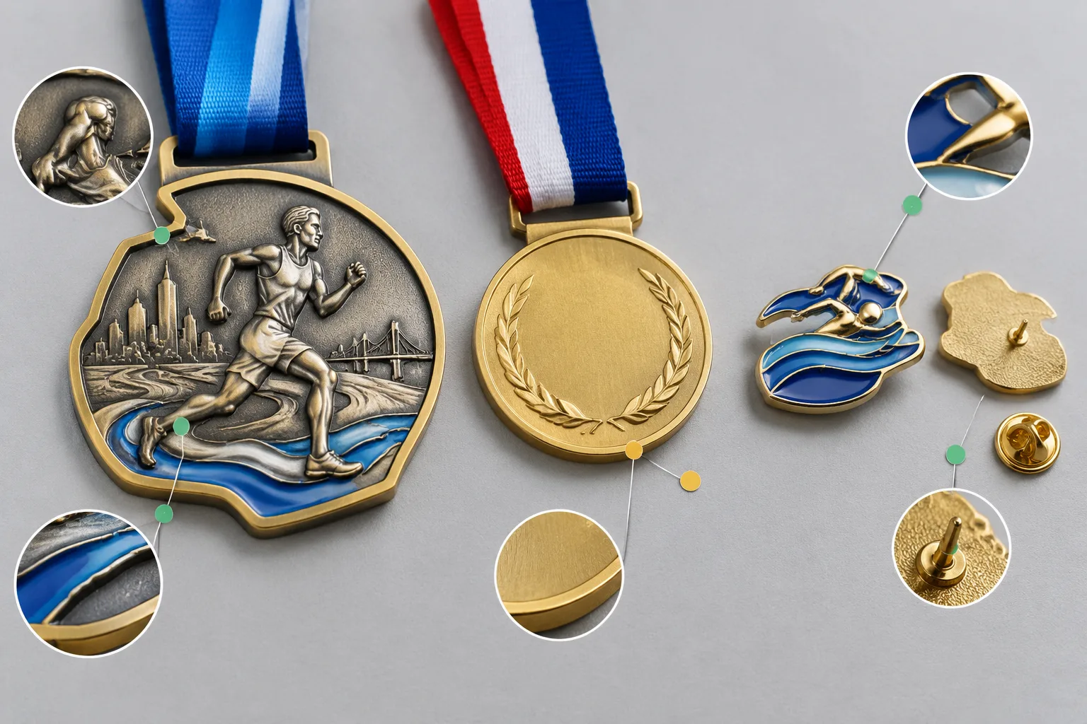 Relief-heavy medal, stamped medal, and die-cast pin arranged to show distinct edges, relief, and attachment zones