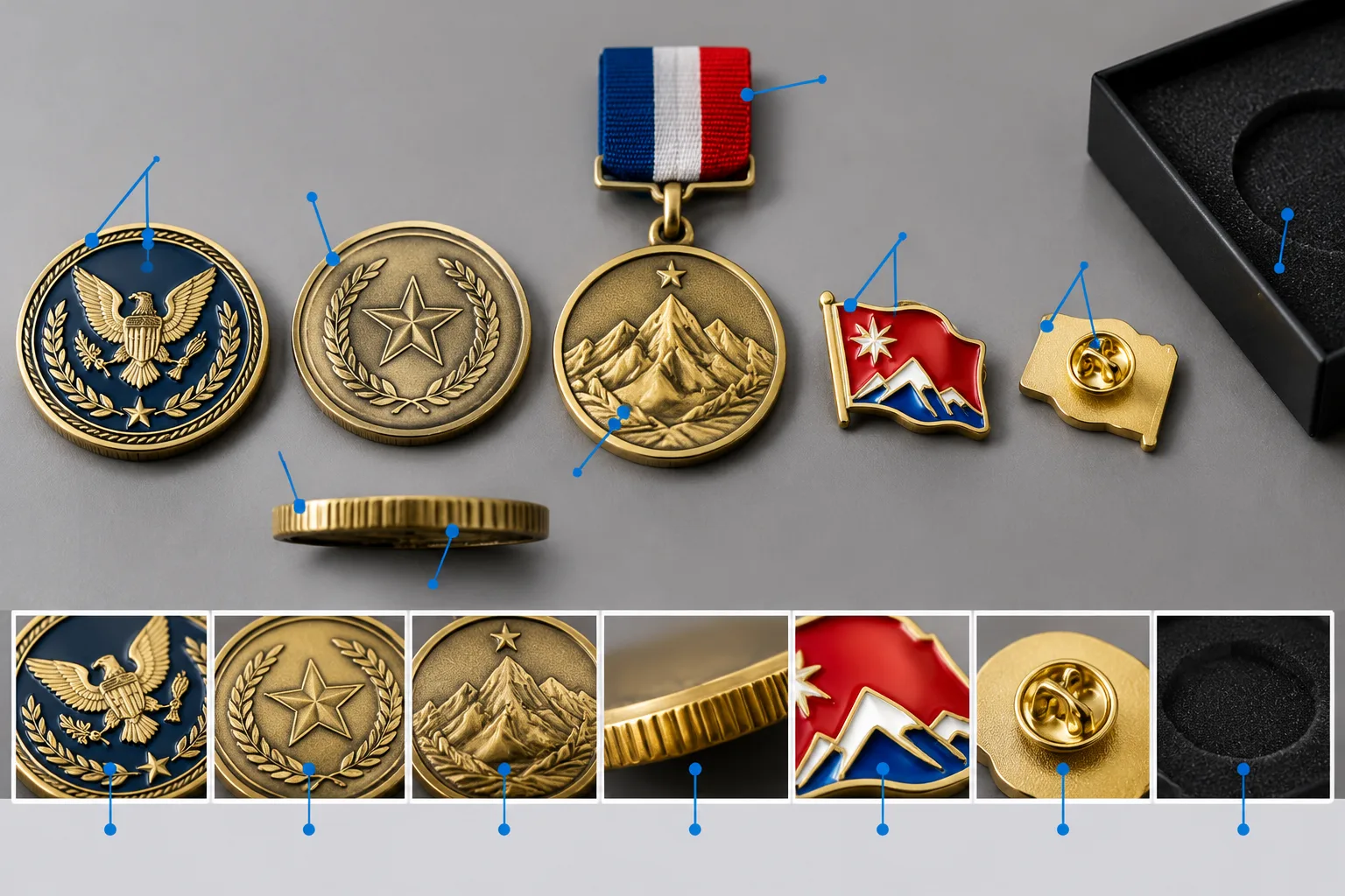 Visual inspection zones on custom medals, challenge coins, and enamel pins