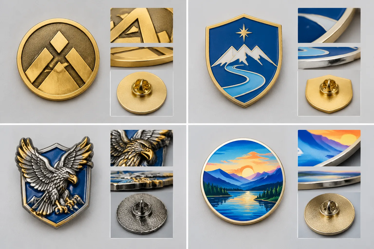 Comparison of die-struck enamel die-cast and printed metal badge surfaces