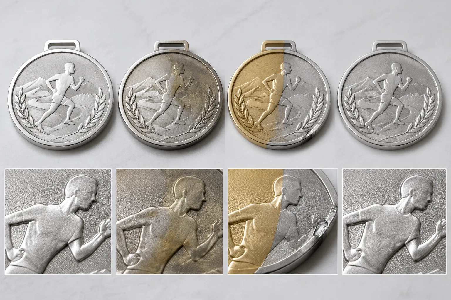 Custom metal coin samples showing even tone, localized discoloration, two-tone boundary, and incomplete edge coverage