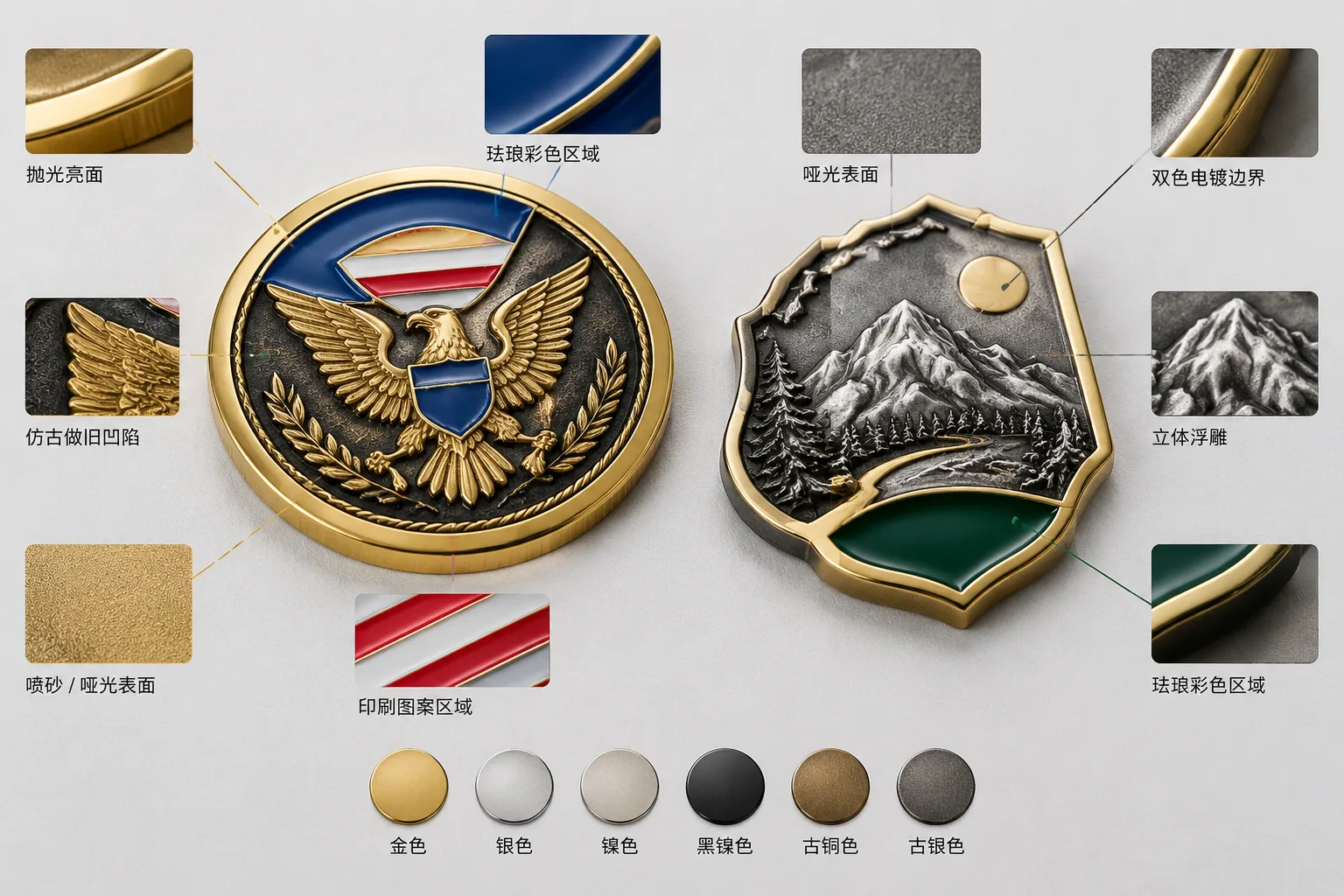 Custom metal coin showing bright, antique, matte, sandblasted, enamel, and dual-plated surface areas