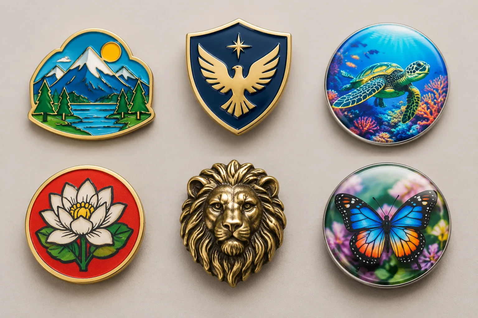 Soft enamel, imitation hard enamel, UV printed, screen printed, dimensional, and epoxy-coated metal badge samples