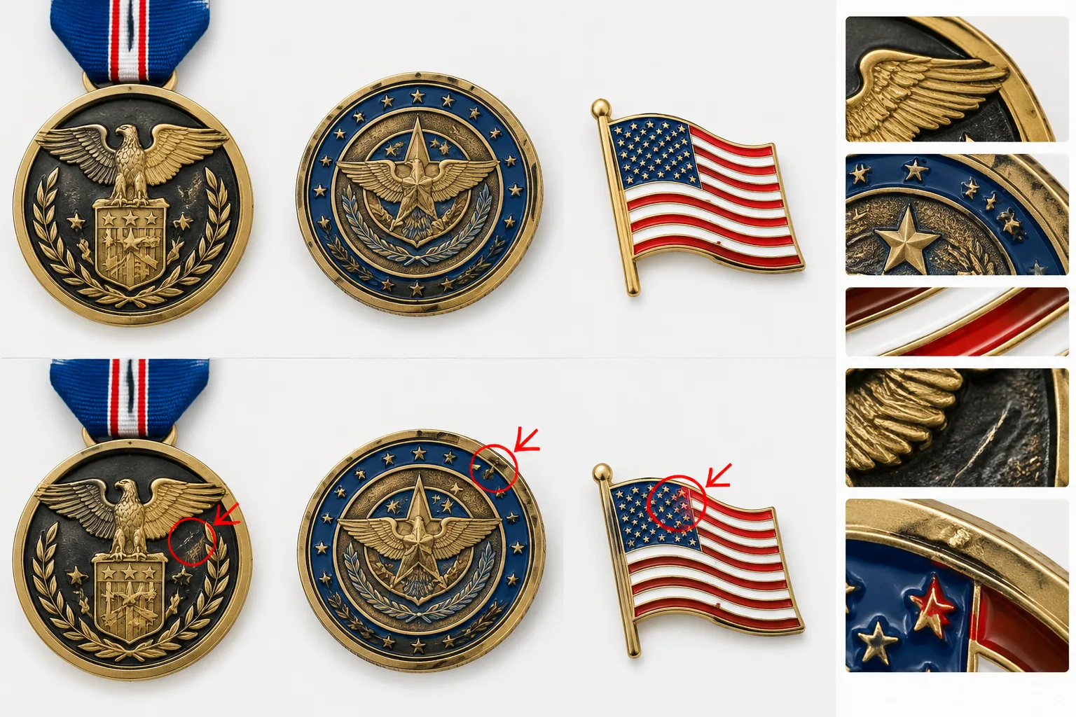 Full-product, zone, and close-up photos for a metal award defect catalogue