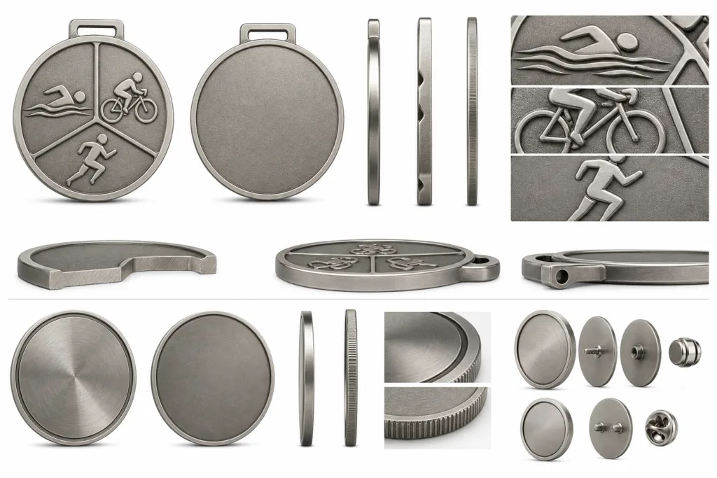 Front reverse side section detail and exploded views of a blank custom metal award