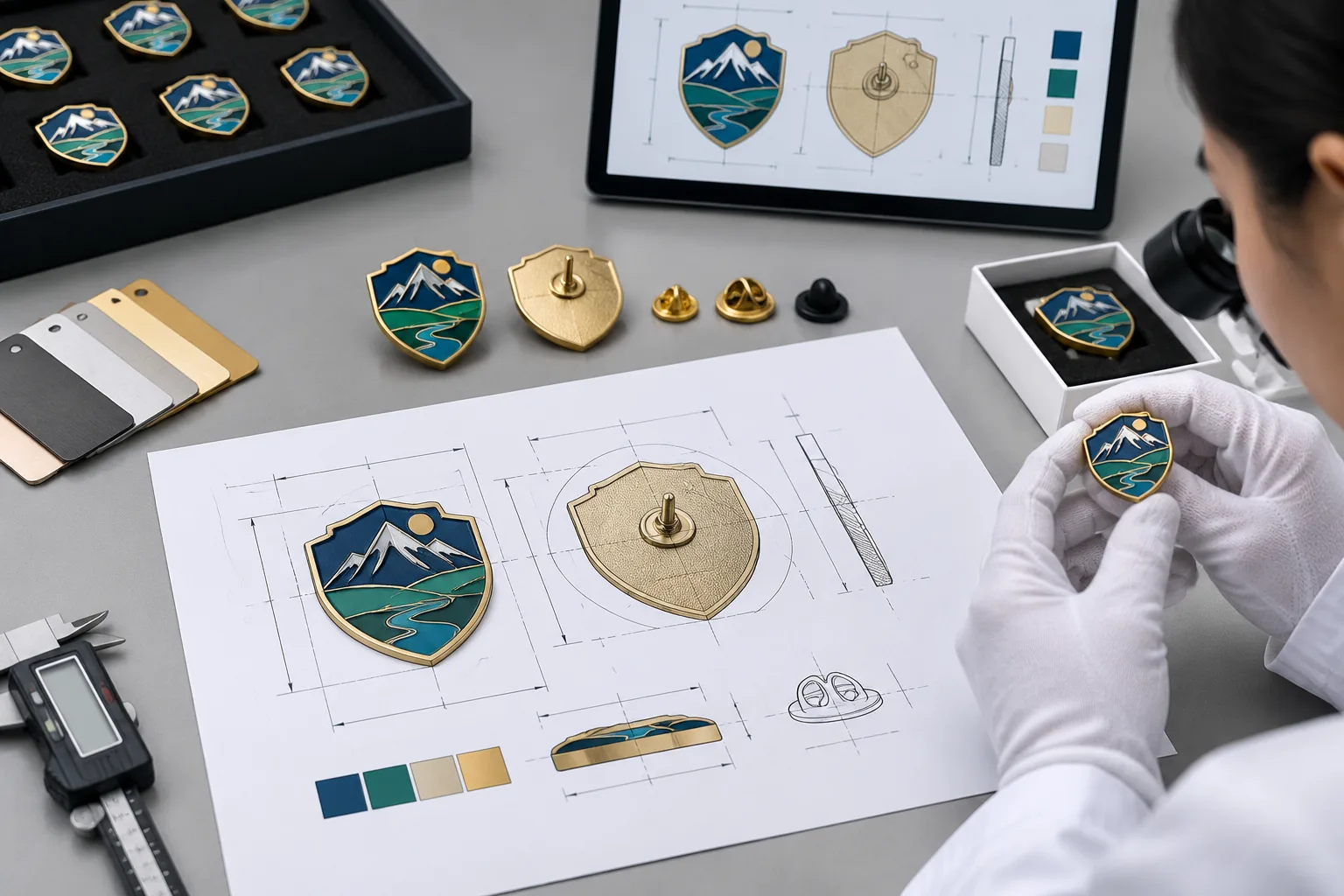 First-article inspection comparing a custom metal badge with a 1:1 production proof