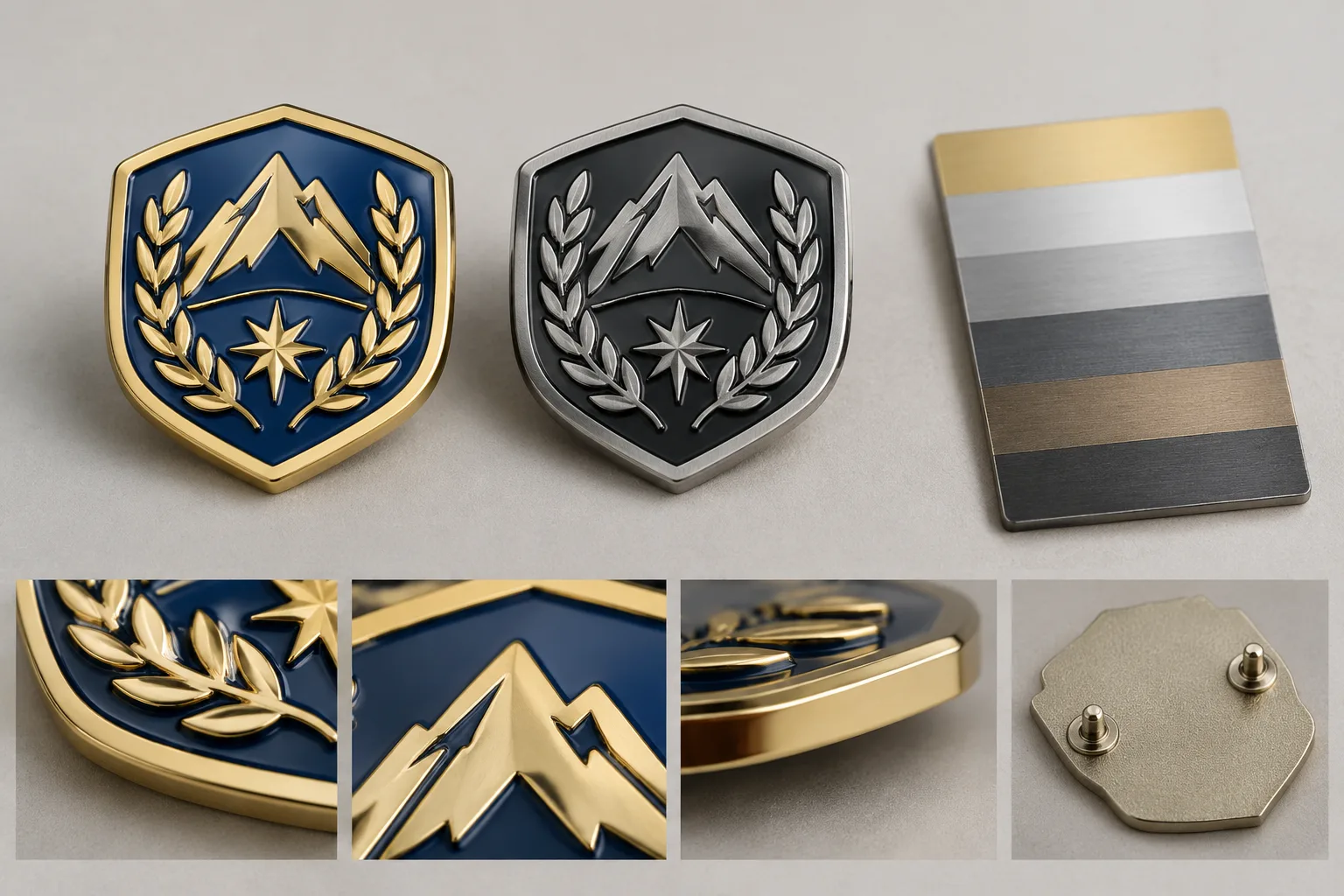 Custom metal badges compared with a physical plating finish reference