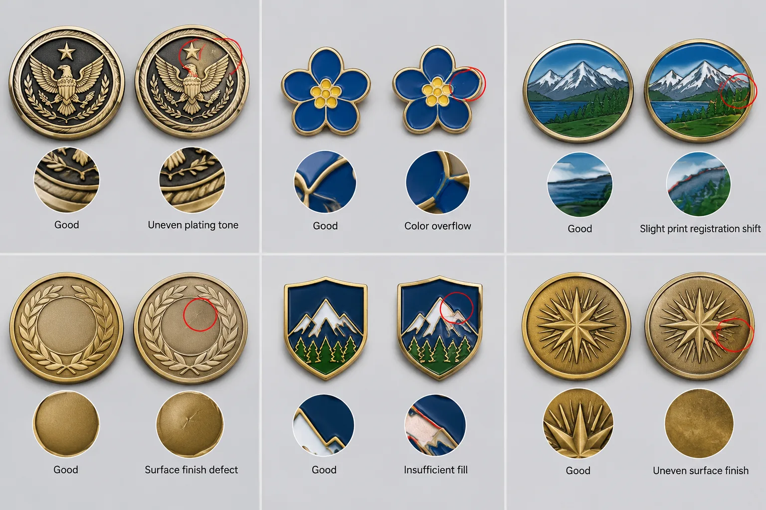 Comparison of plating, enamel, color, and printing defects on metal awards