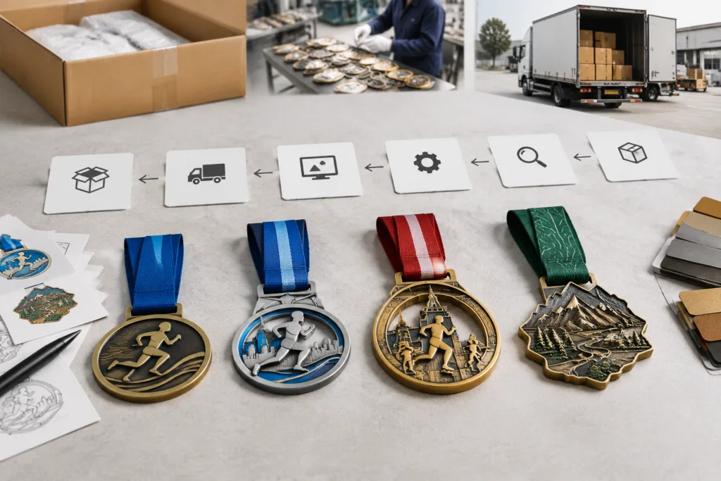 Custom race medals arranged beside a visual backward-planning production timeline