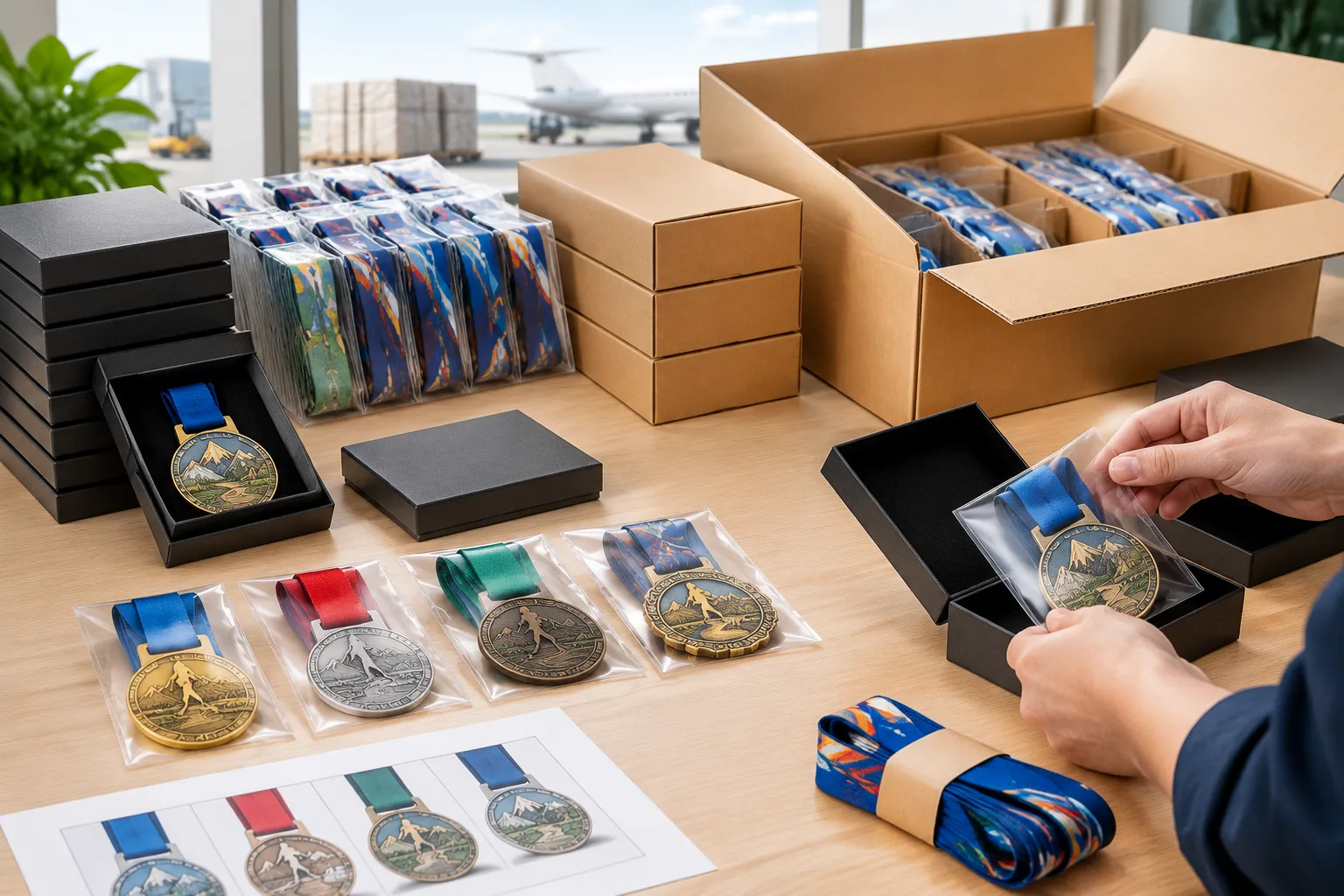 Custom race medals being protected sorted and prepared for international shipment