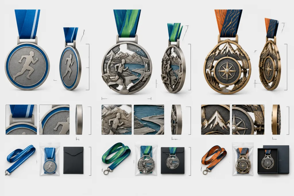 Comparison of fixed, sculpted, and moving custom race medal structures