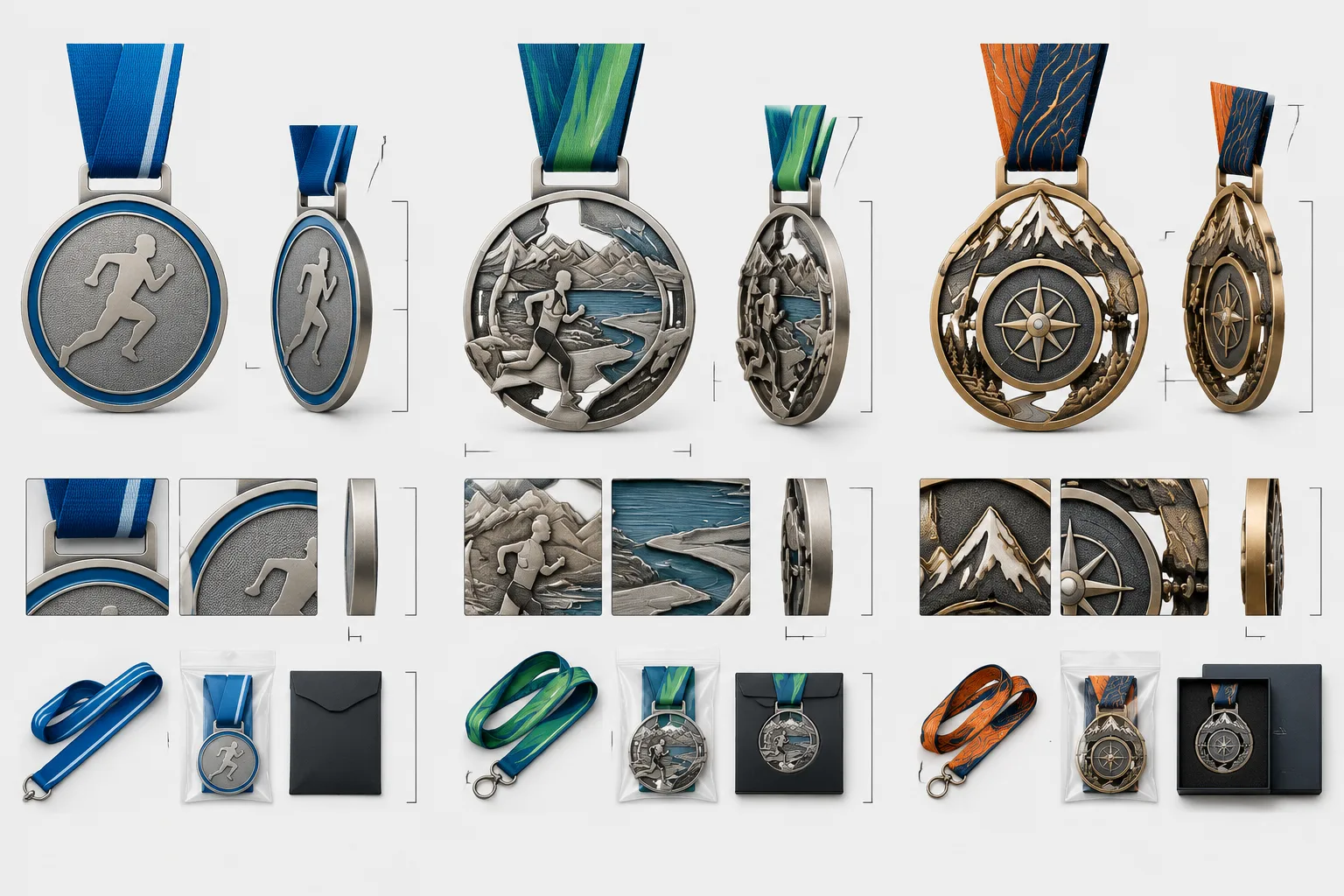 Comparison of fixed, sculpted, and moving custom race medal structures