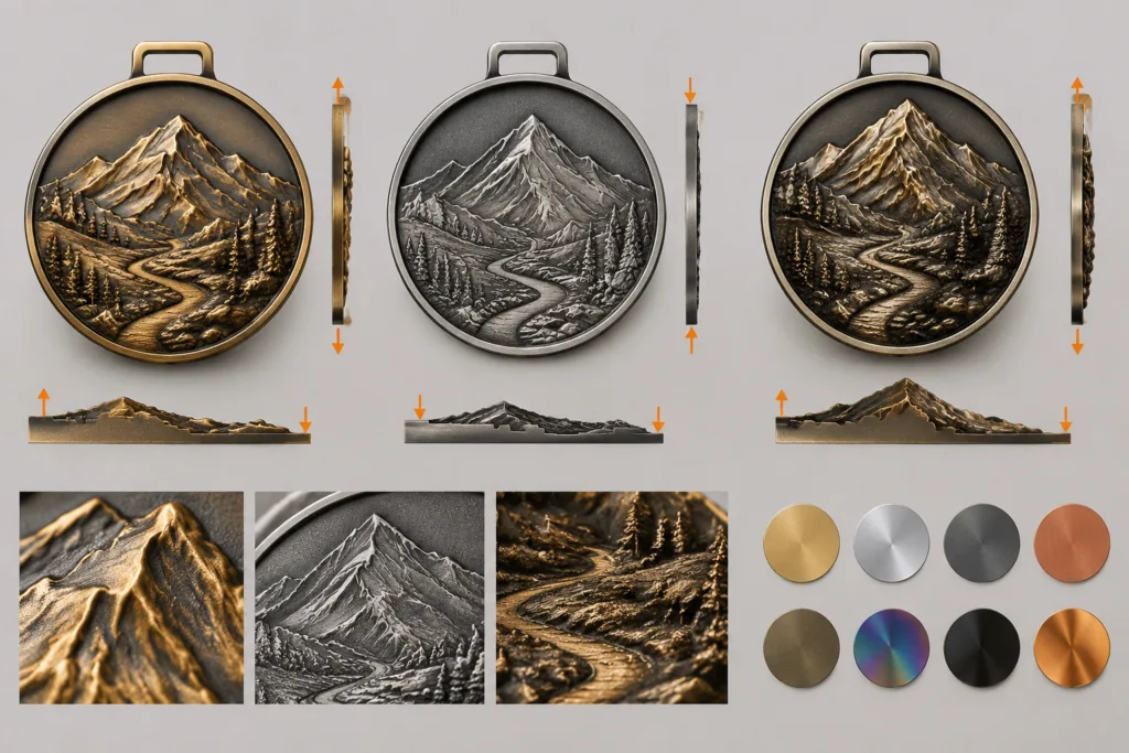 Custom metal medal showing raised recessed and sculpted relief levels