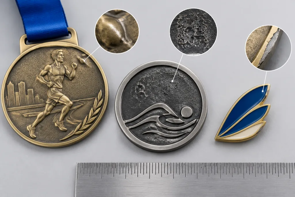 Close-up comparison of blister-like lifting, surface pitting, and exposed edge areas on custom metal awards