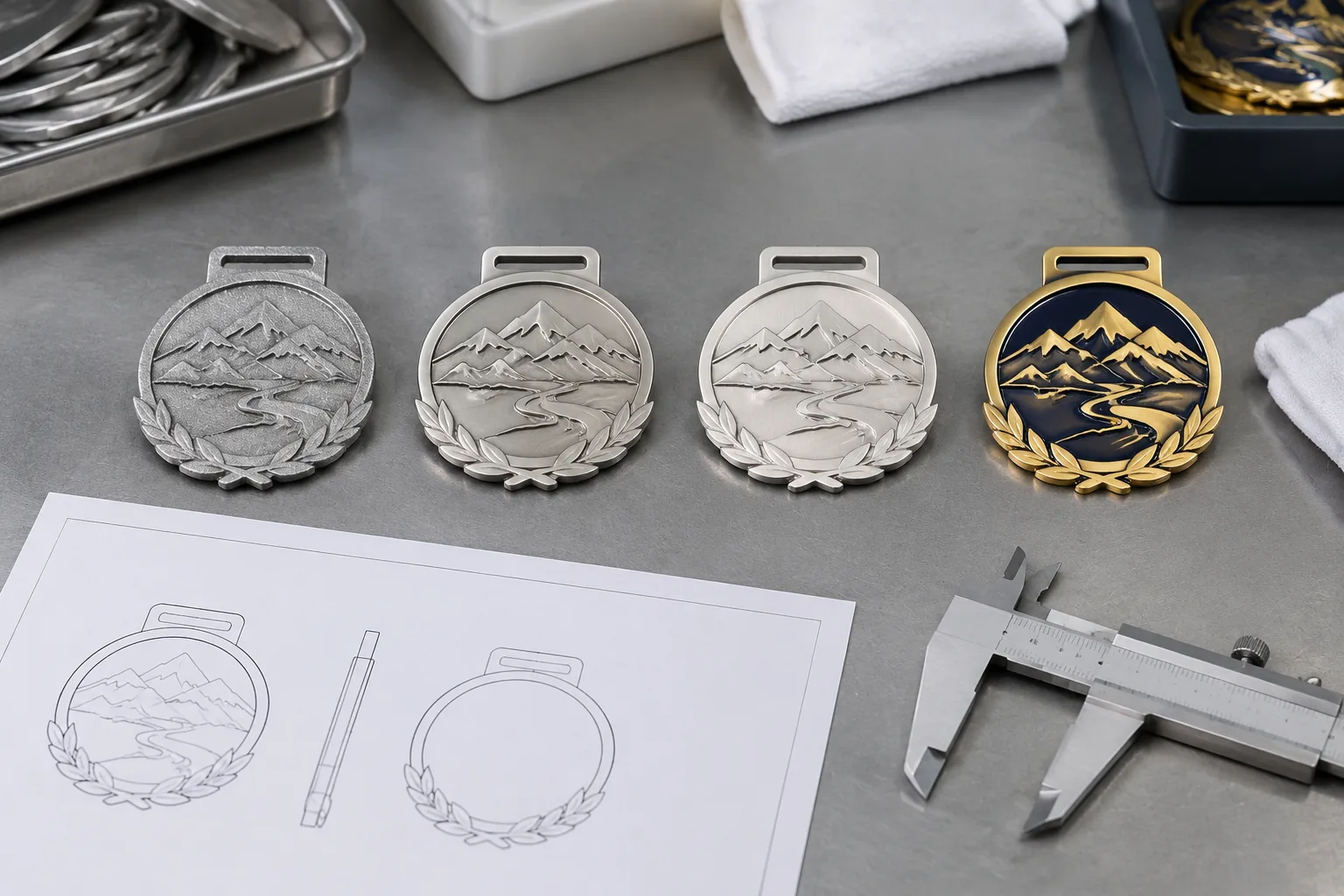 Four zinc-alloy award components showing as-cast, polished, cleaned, and plated stages on an inspection bench