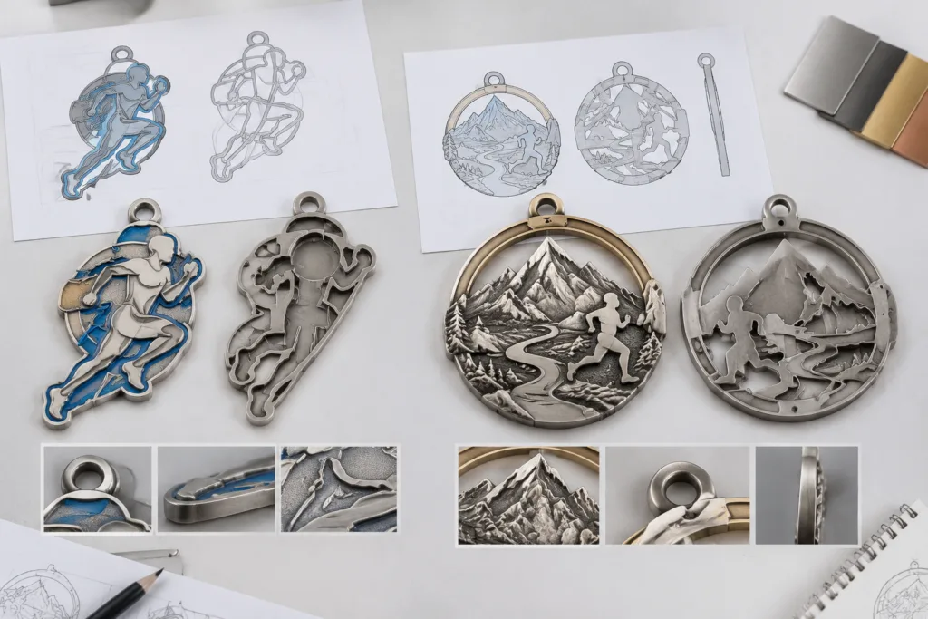 Unbranded zinc alloy medal design studies showing irregular outlines, relief levels, open areas, and attachment zones