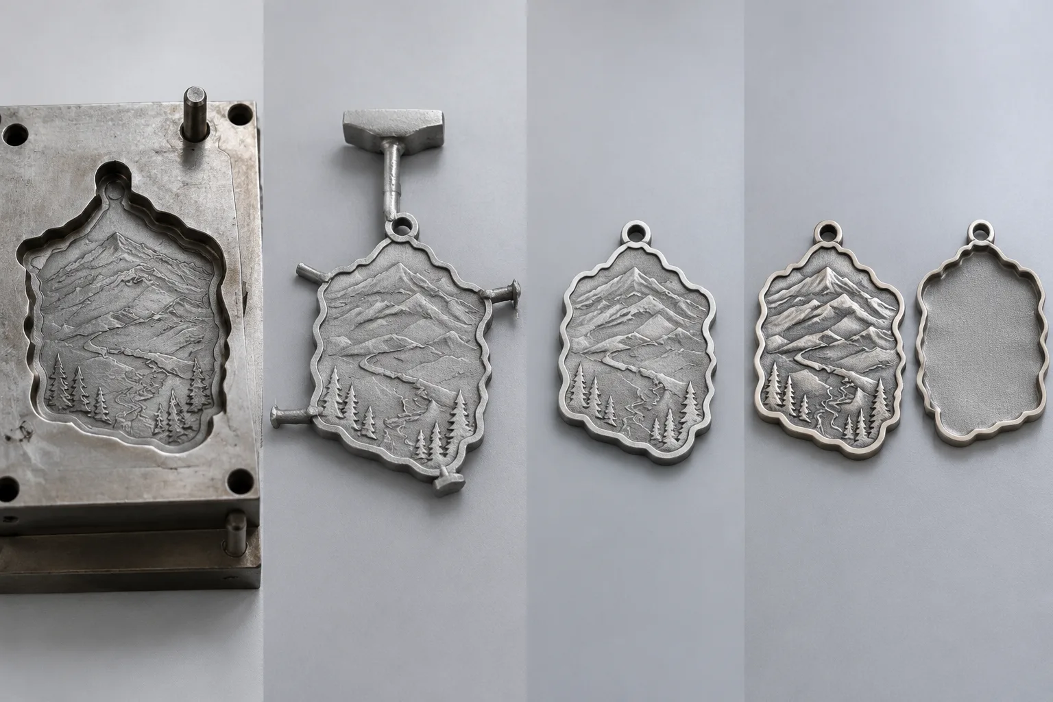 Stages of an unbranded zinc alloy medal from die ejection through trimming and burr removal