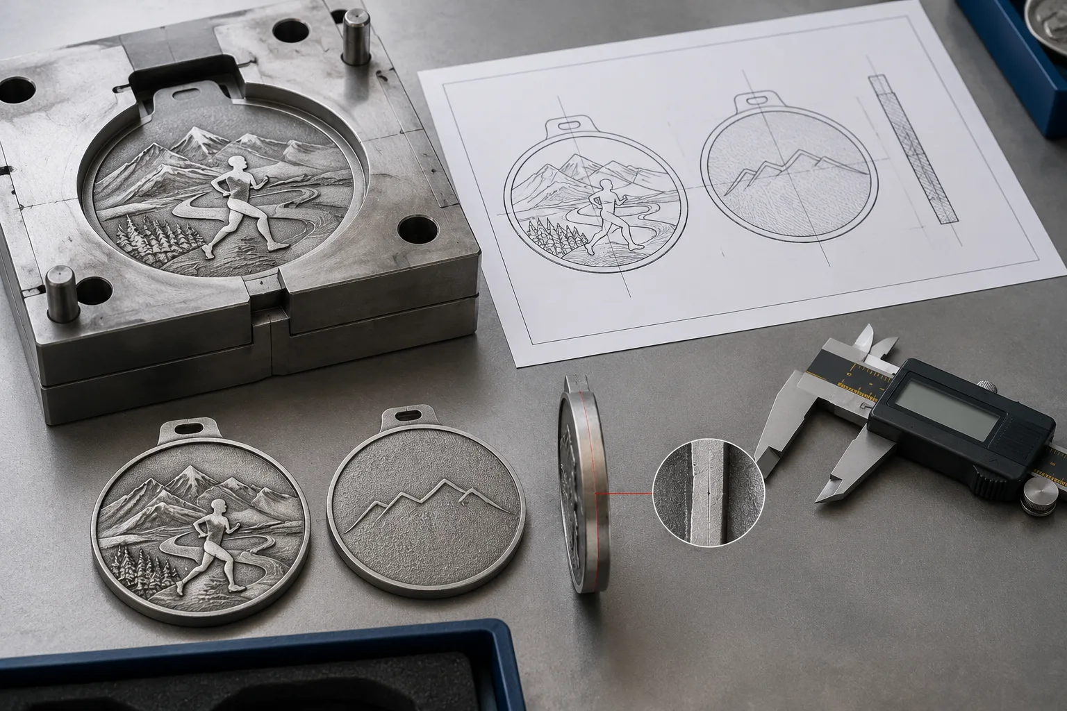 Steel medal mold beside an unfinished zinc alloy first article for visual approval