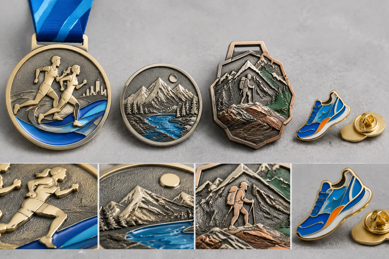Unbranded zinc alloy medals, coins, and pins comparing polished, matte, plated, and colored surfaces