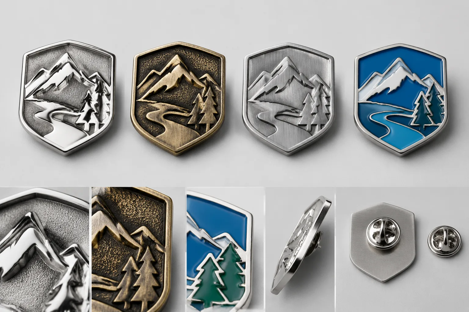 Unbranded zinc-alloy badge sections comparing polished, matte, antique, and color-filled relief finishes