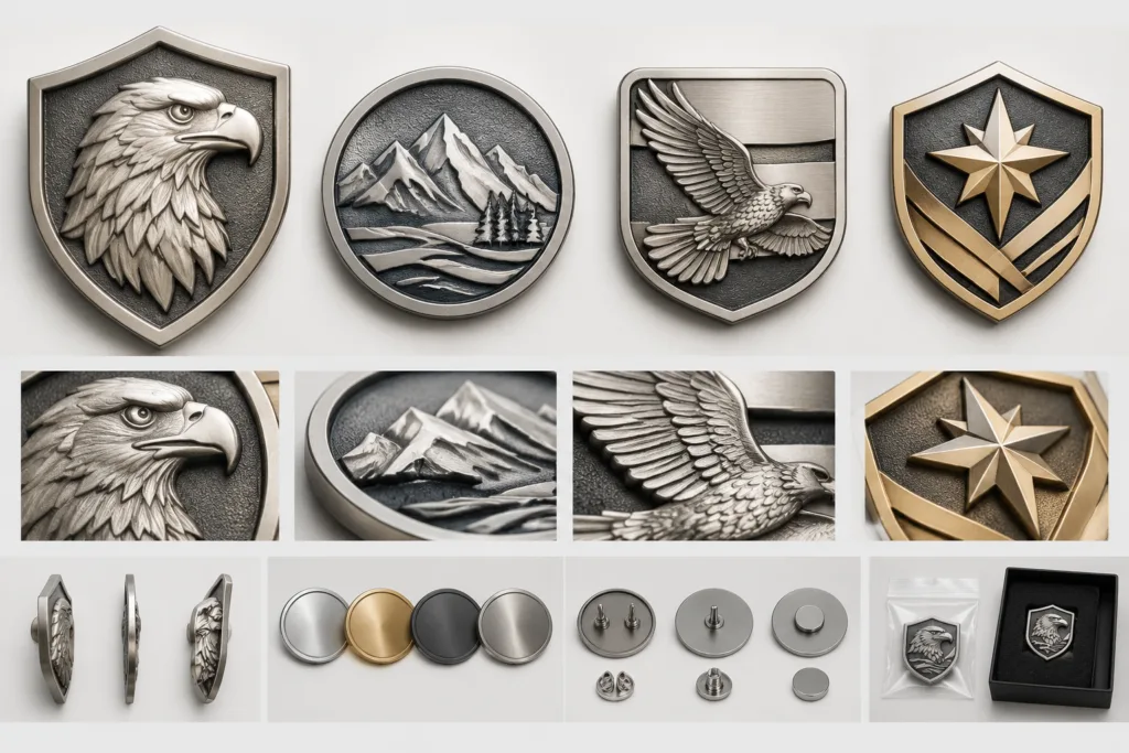 Unbranded zinc die-cast badge concepts comparing dominant relief, recessed fields, borders, and fine artwork placement