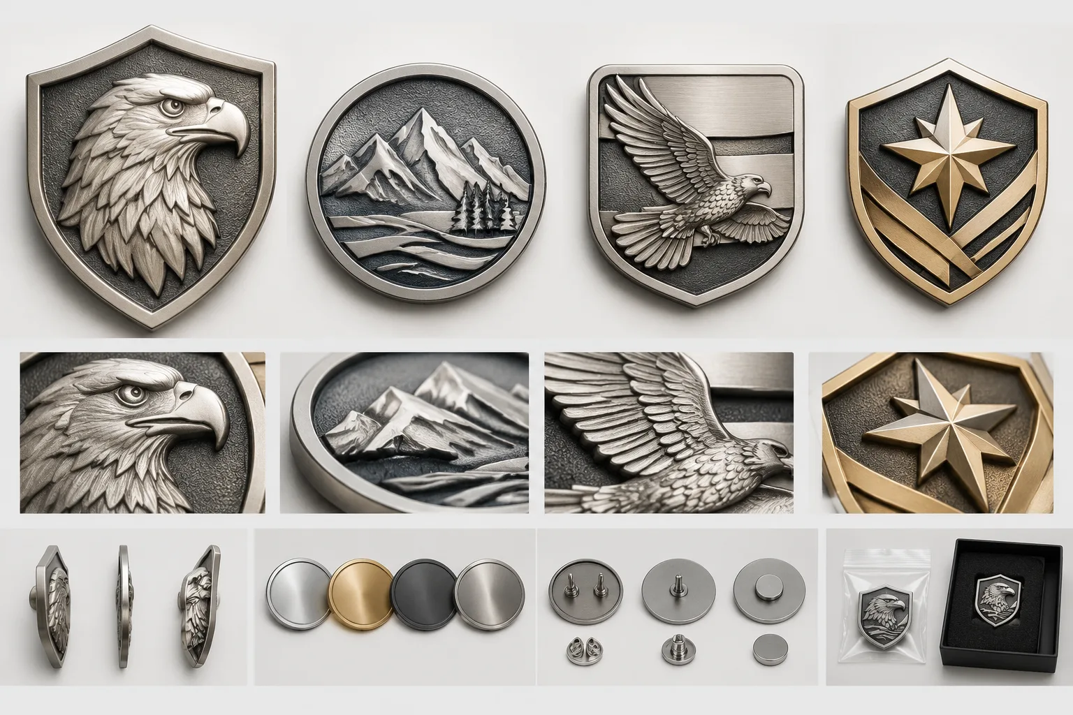 Unbranded zinc die-cast badge concepts comparing dominant relief, recessed fields, borders, and fine artwork placement