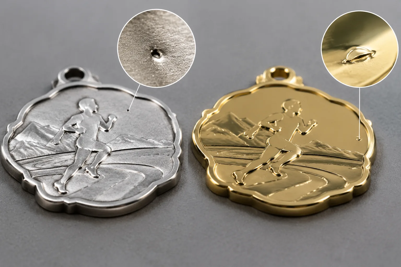 Magnified zinc-alloy decorative metal samples showing an open pore and a small lifted plating blister
