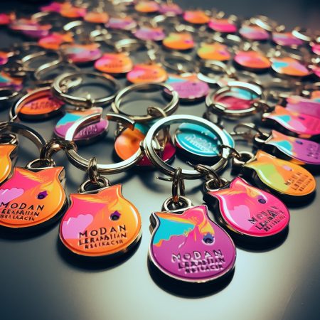 Colorful branded keychains on a dark surface.