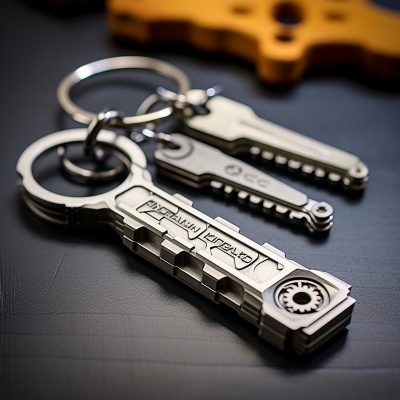 Metallic multi-tool keychains on dark surface.