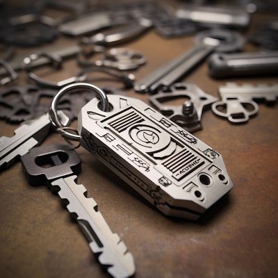 Unique designer metal keychain surrounded by various keys.